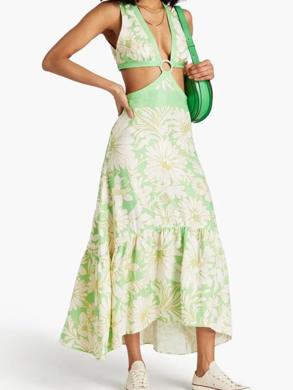 Sandro Paris Green Floral Asymmetrical Maxi Dress Cutout Wedding Guest US 10
